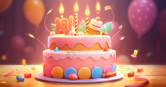 点燃蜡烛美味的卡通生日蛋糕图片