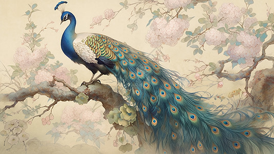 长尾漂亮的卡通孔雀站在开满花朵的树枝上高清图片