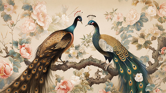 两只有漂亮羽毛的卡通孔雀站在树枝上古风插画背景图片