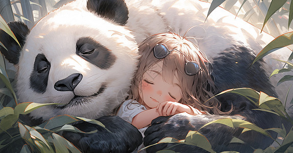 可爱的卡通小女孩与大熊猫依偎在一起睡觉图片