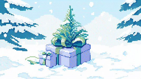 雪地上紫色卡通礼物盒与圣诞树马赛克风图片