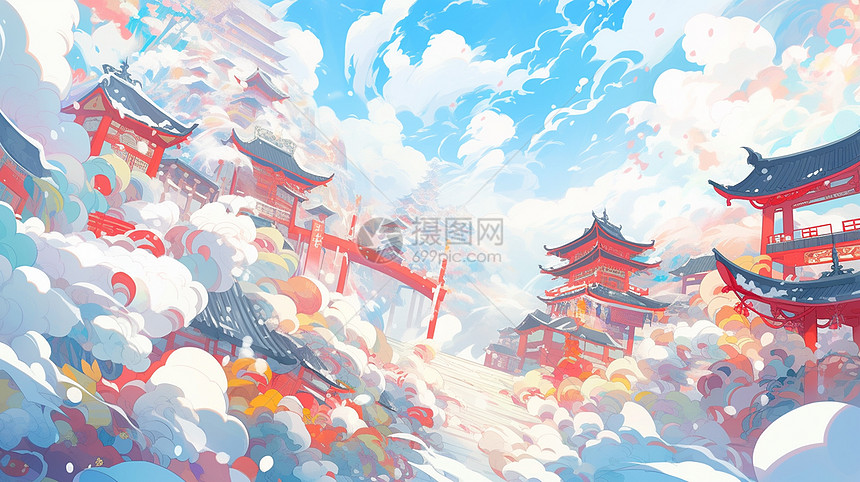 在高处的红色喜庆的古风建筑与祥云场景插画图片