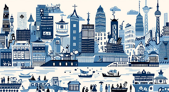深蓝色调在城市中等船忙碌的人们版画风背景图片