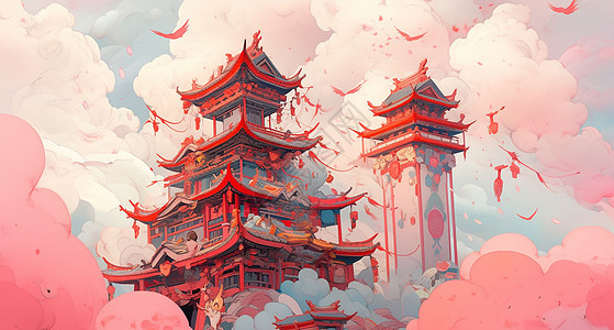粉色云朵上喜庆的古风卡通建筑图片