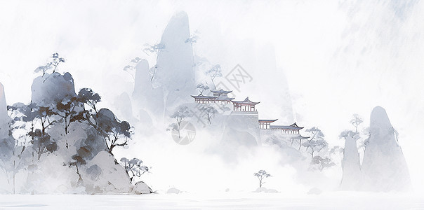 雪淞山上唯美的古风建筑水墨风山水画插画