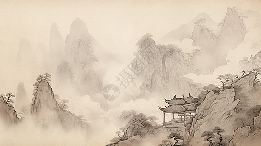 云雾缭绕的古风卡通山水画场景图片