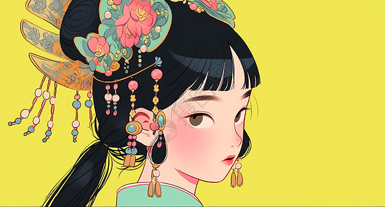 头戴花朵古风盘发的卡通女孩在黄色背景上图片