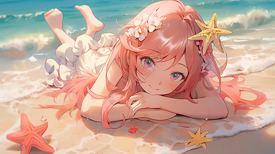 趴在海滩沙滩上的粉色长发卡通小女孩背景图片