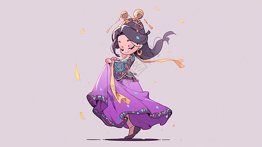 穿紫色裙子优雅跳舞的卡通女孩图片