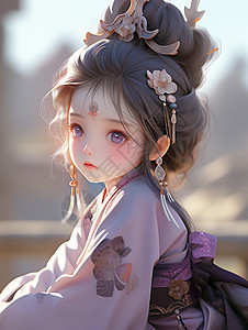 紫色眼睛漂亮的古风装扮卡通女孩背景图片