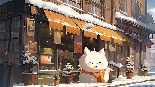 大雪中在房子前欣赏雪景的卡通小猫图片