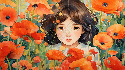 在红色花丛中大眼睛可爱的卡通女孩背景图片