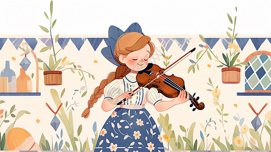 穿蓝色半身花裙子的可爱卡通小女孩在拉小提琴图片