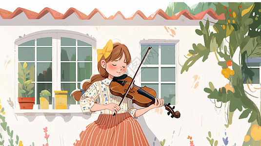 在白色屋外穿橙色半身裙的小清新卡通女孩在拉小提琴图片