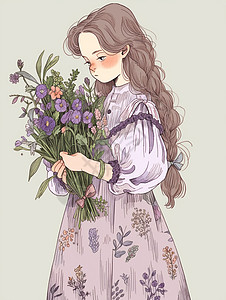 穿着紫色花朵长裙看着花束的忧郁表情卡通小女孩图片