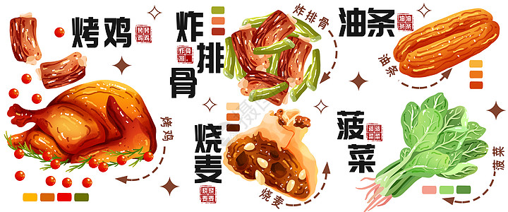 秋冬美食插画烤鸡烧麦炸排骨高清图片