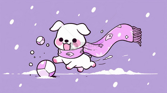 戴着长围巾在雪地中玩球的可爱卡通小白狗图片