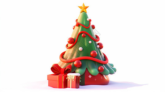 立体卡通圣诞树下放着两个红色礼物盒背景图片