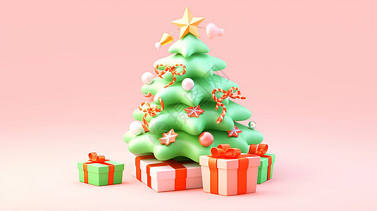 肥嘟嘟的卡通立体圣诞树下放着很多礼物图片
