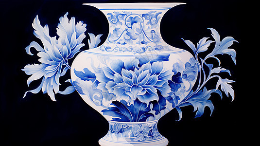 牡丹雕花的卡通青花瓷花瓶图案背景图片