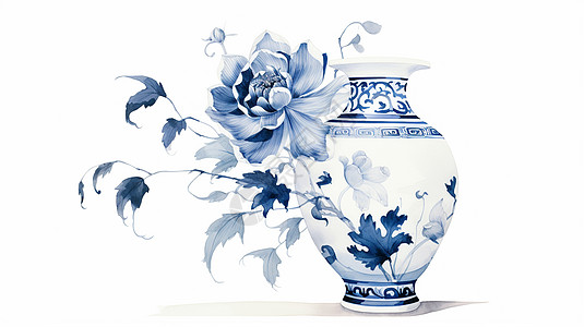 蓝色调青花瓷牡丹花卡通瓷花瓶图片