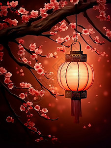 亮起灯温馨的卡通灯笼挂在梅花枝头图片