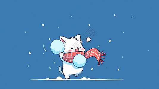 戴着红色格子围巾开心玩雪球的卡通小猫背景图片