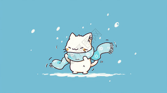 戴着长长的蓝色围巾的可爱卡通小白猫图片