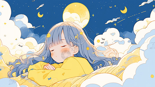 在云朵上穿黄色衣睡觉的可爱卡通小女孩图片