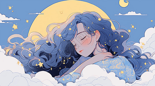 蓝色卷发漂亮的卡通女孩在云朵上闭眼休息高清图片