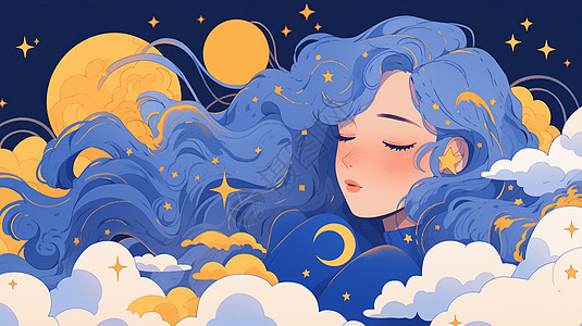 在云朵上的长发卡通女孩有很多星星和星球环绕梦幻卡通插画图片