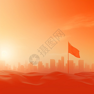 简约喜庆的卡通城市剪影与一个小旗子背景图片