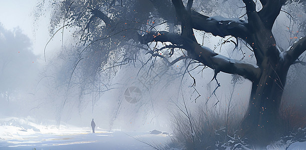 冬天雪后走在路上的小小卡通人物剪影旁一棵高大的古树图片