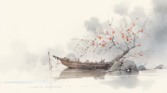 湖中心盛开的梅花与古船古风水墨画背景图片