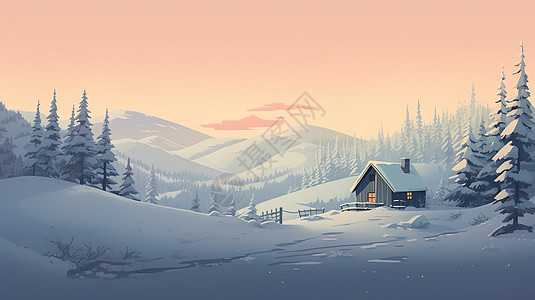 冬天扁平雪山雪景大雪插画背景图片