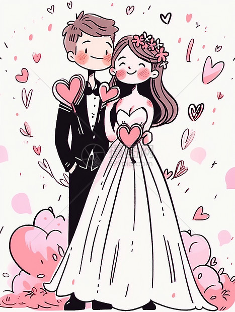 幸福开心笑的卡通新郎新娘图片