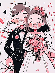开心笑幸福的卡通情侣结婚图片
