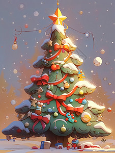 有很多蝴蝶结装饰的卡通圣诞树图片