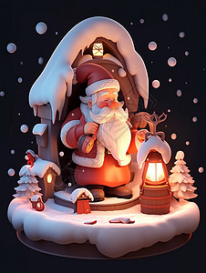 夜晚站在雪屋前的立体可爱卡通圣诞老人图片