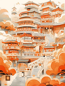 小清新橙色调漂亮的多层复古卡通房子图片