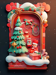 圣诞节装饰华丽的卡通圣诞树与壁炉图片