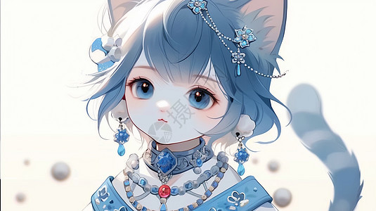 戴着华丽饰品的蓝色大眼睛可爱卡通猫女孩图片