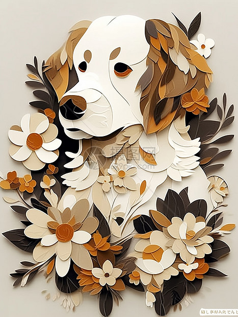 复古剪纸风可爱的卡通小狗与花朵图片