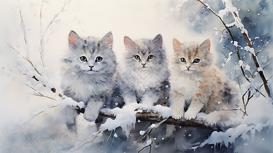 三只可爱的卡通小花猫怕咋雪地中的树旁图片