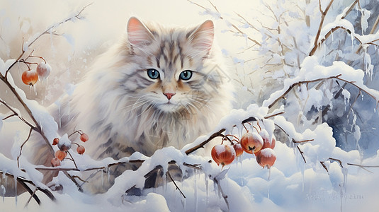 一只长毛蓝色眼睛可爱的卡通小花猫在雪地中图片