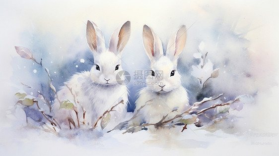 在雪地中只可爱的长耳朵卡通小兔子图片