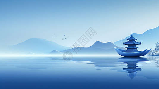 蓝色调云雾缭绕的湖面上一座古风建筑卡通小船高清图片