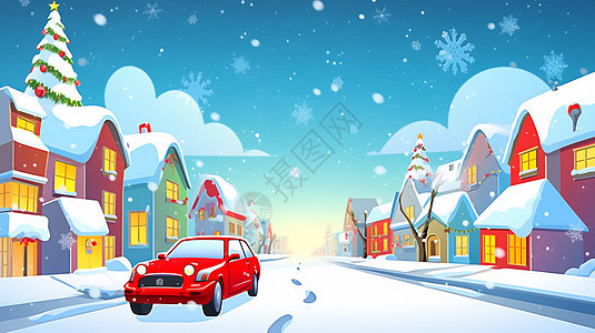 圣诞夜晚行驶在路上的红色卡通小汽车背景图片