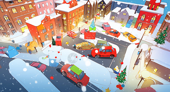 圣诞夜晚雪中温馨的卡通小区图片