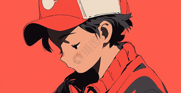 红色背景下心情失落戴着棒球帽的卡通男孩图片